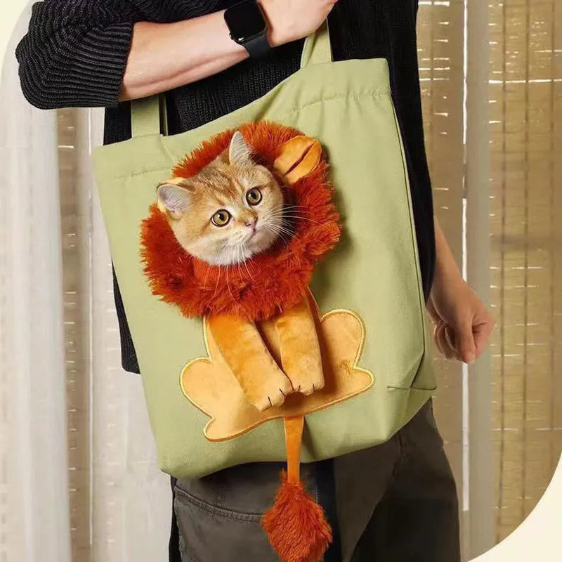 Canvas pet carrier backpack for cats and small dogs on a shoulder strap showing cartoon pattern options.