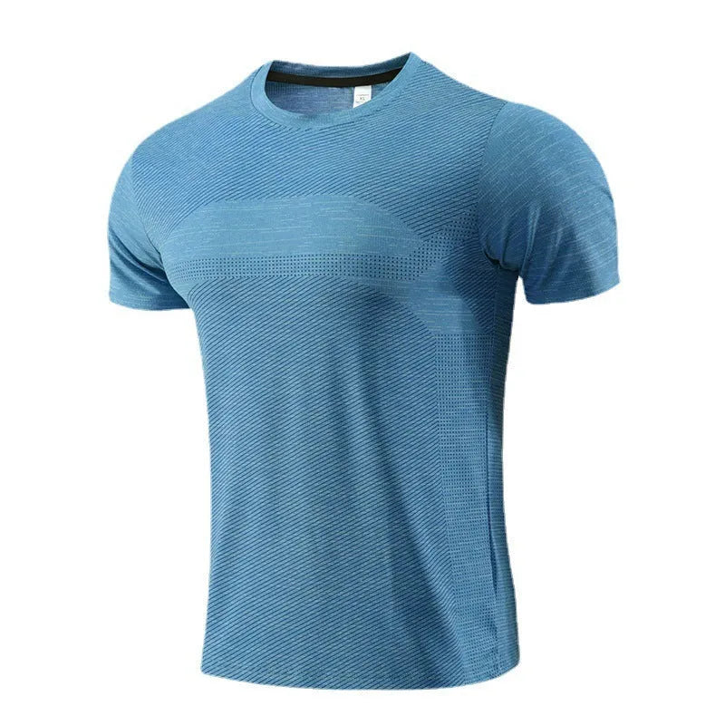 Short sleeve basketball and running t-shirt in polyester spandex fabric on a white background.