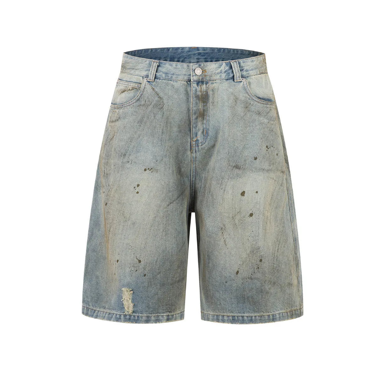 Blue washed denim cropped trousers with straight leg and zip fly, street fashion style