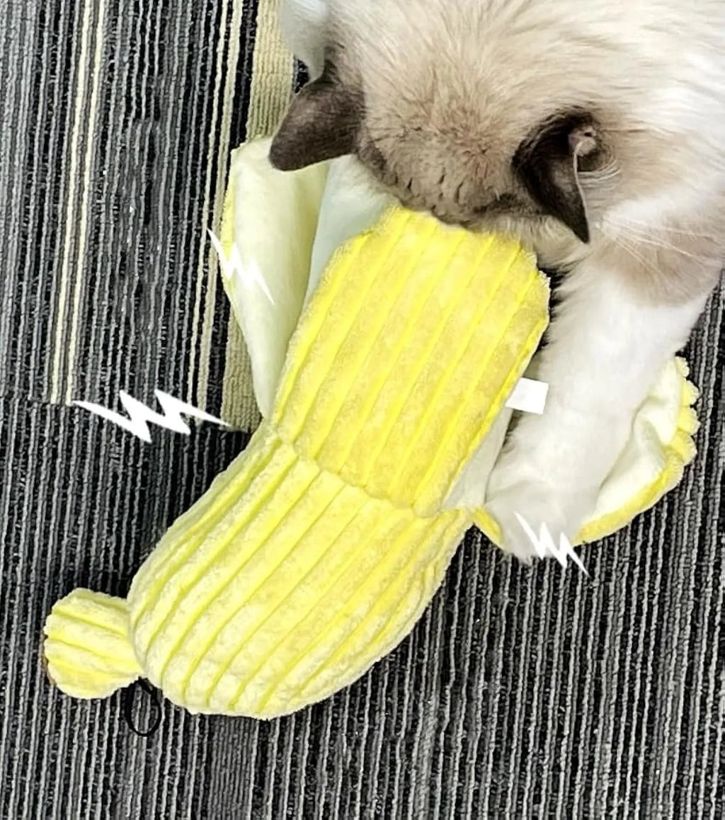 Yellow banana-shaped cat toy measuring 13 inches with plush fabric and crinkle paper sound feature