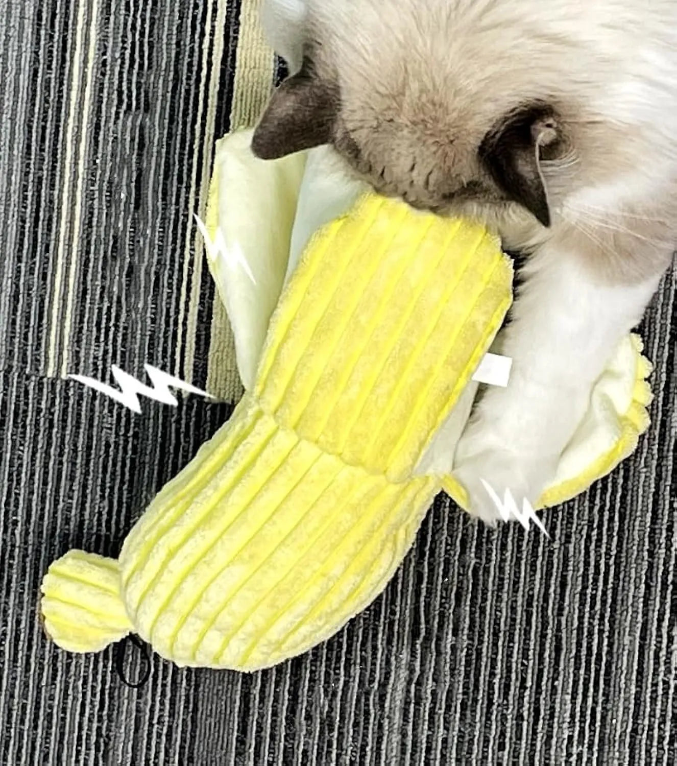 Yellow banana-shaped cat toy measuring 13 inches with plush fabric and crinkle paper sound feature