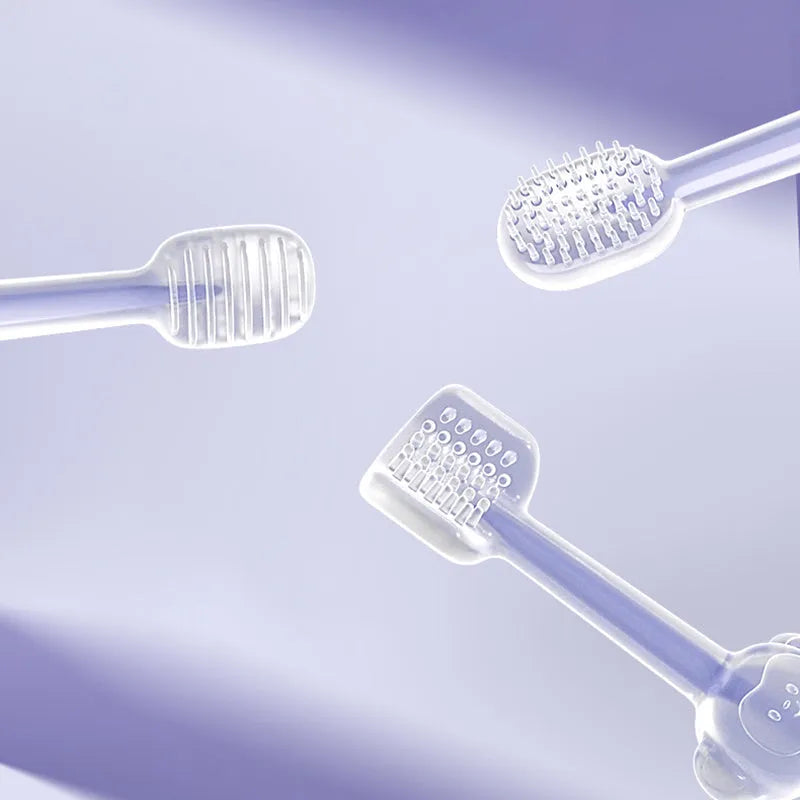 Purple silicone pet toothbrush with soft bristles for cleaning cat and dog teeth