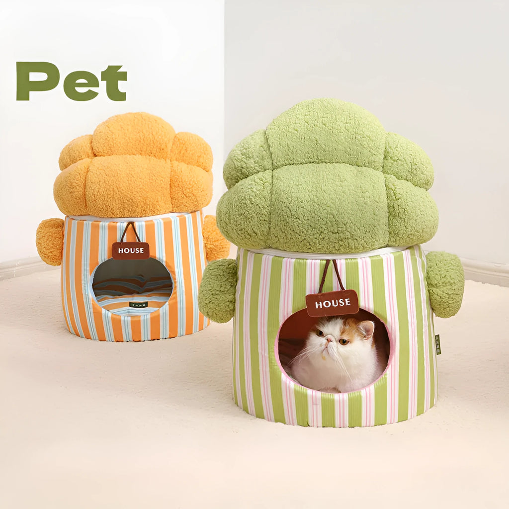 Green cauliflower-shaped enclosed cotton pet house for small dogs or cats on a wooden floor.