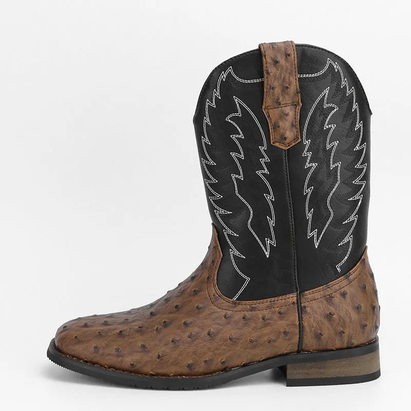 Men's black denim-look artificial leather western boots with square toe and low wedge heel.