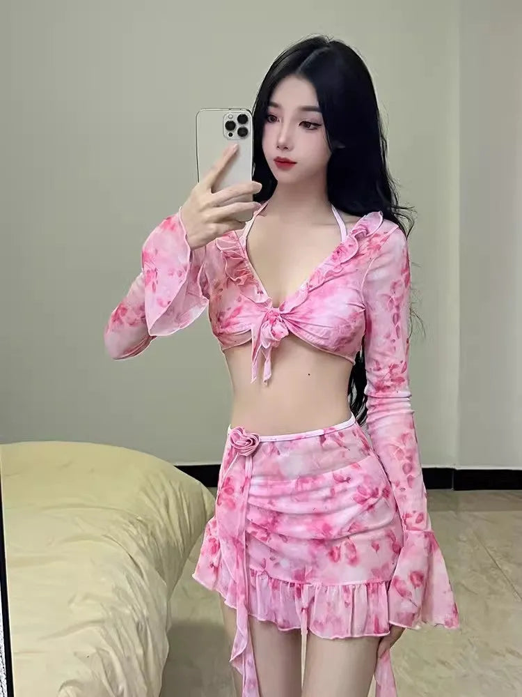 Women's cherry blossom pink floral bikini swimwear set for beach and hot spring use