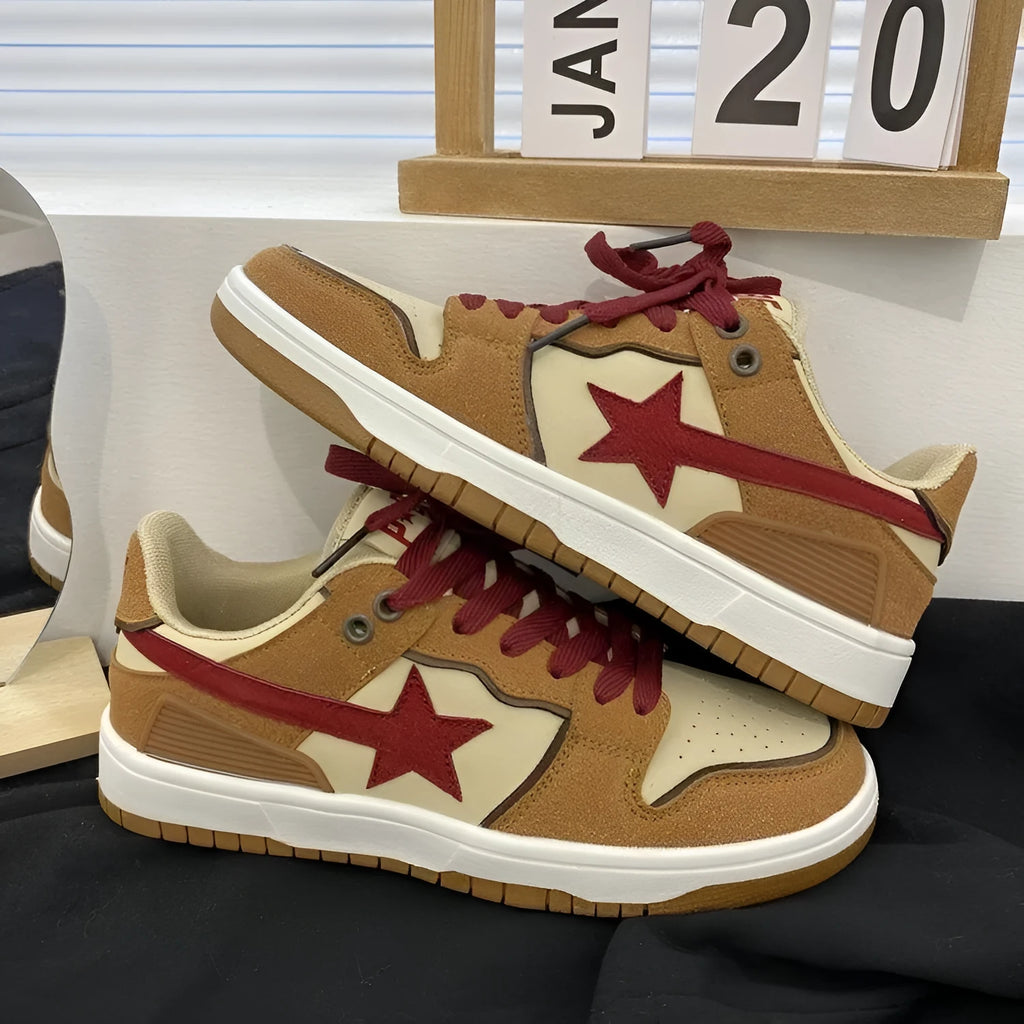Brown women's casual sneakers with platform heel and sequin details on the PU upper.