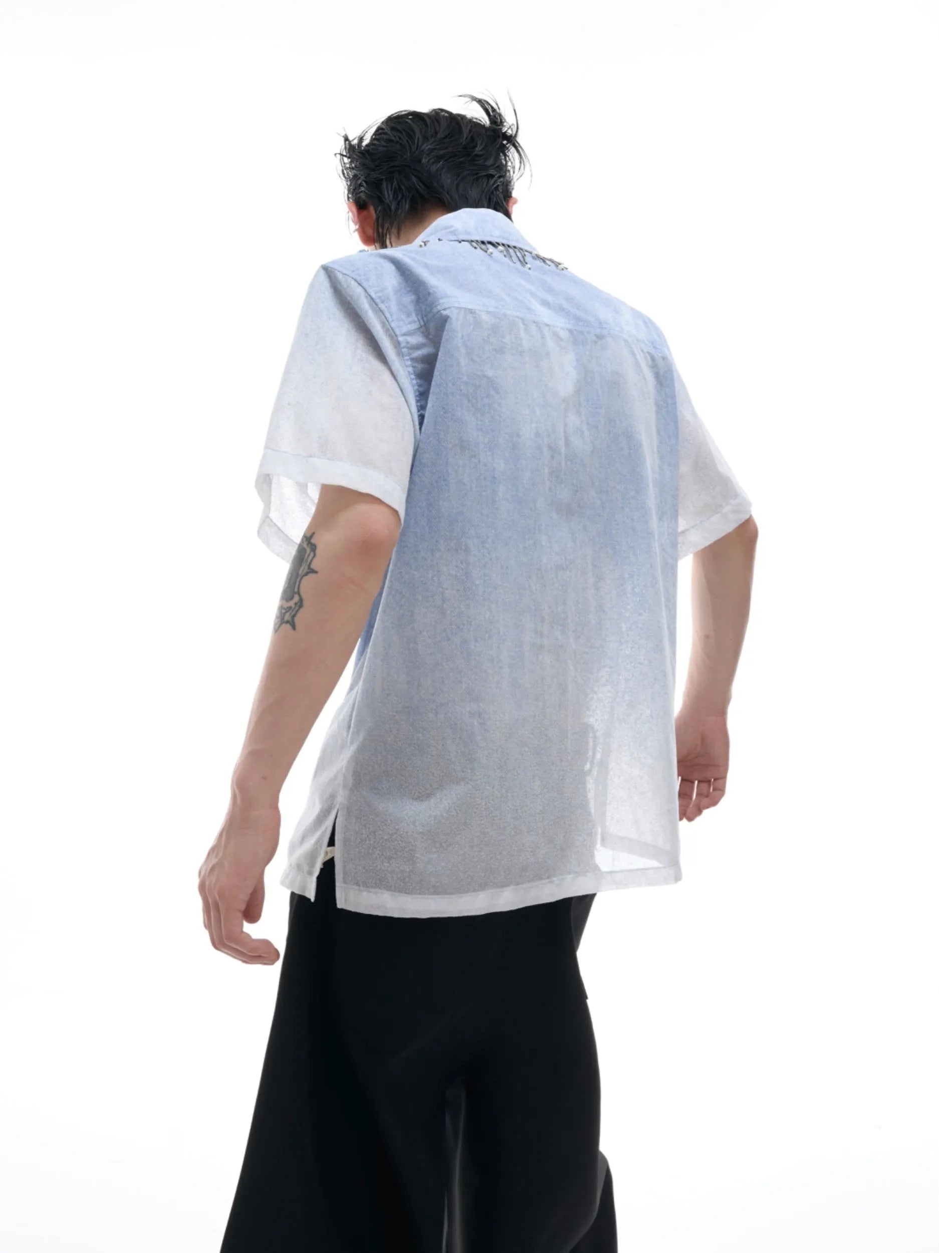 Men's blue and white gradient short-sleeve casual shirt on a hanger