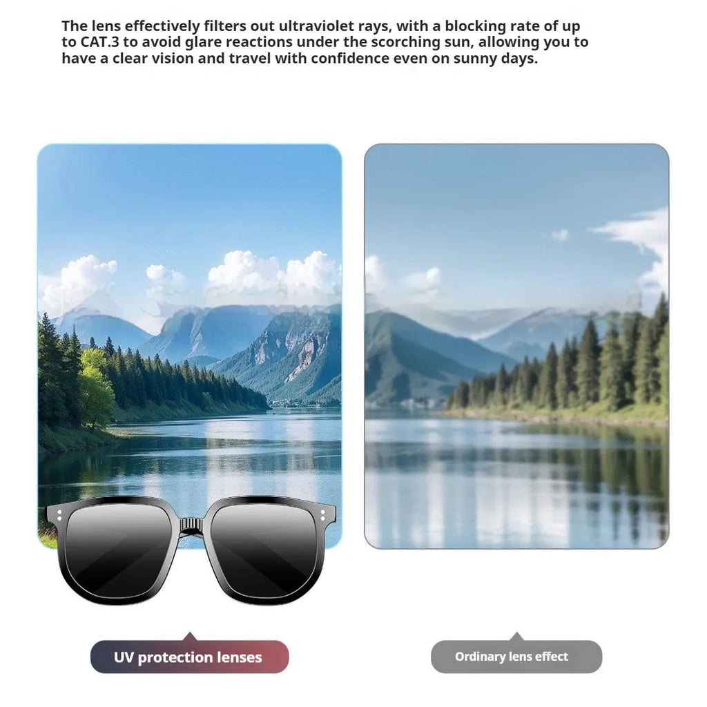 Black smart glasses with Bluetooth audio capabilities and touch controls