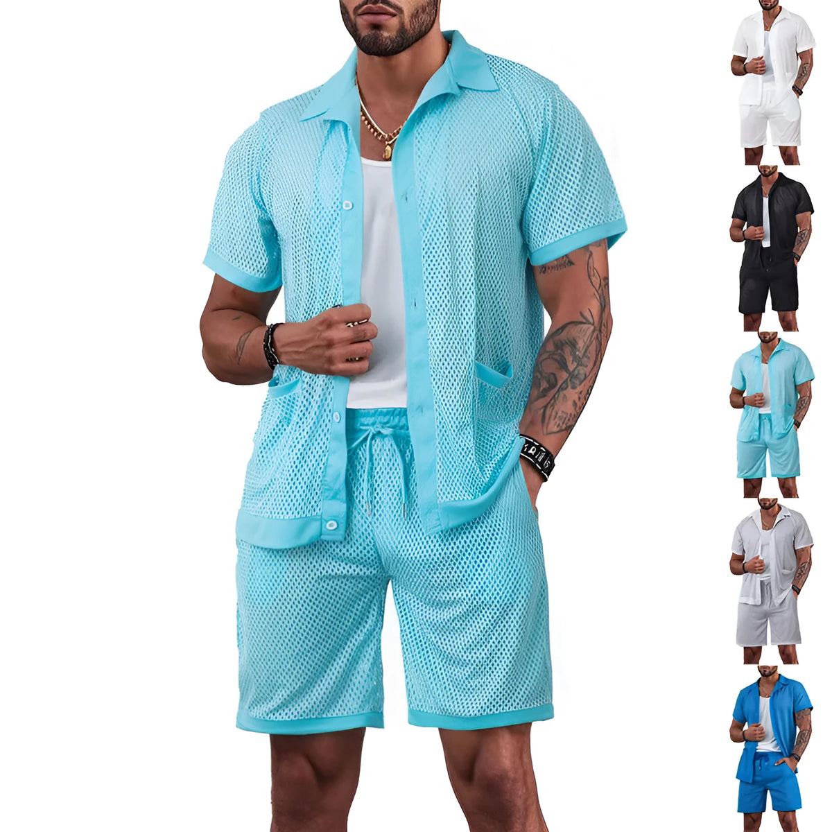 A woman wearing a light blue see-through cardigan and matching shorts from the Hawaii beach set.