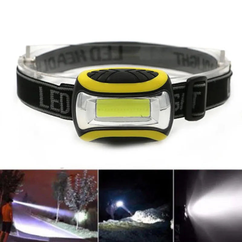 Yellow three-speed COB headlamp for outdoor night riding and hands-free work.