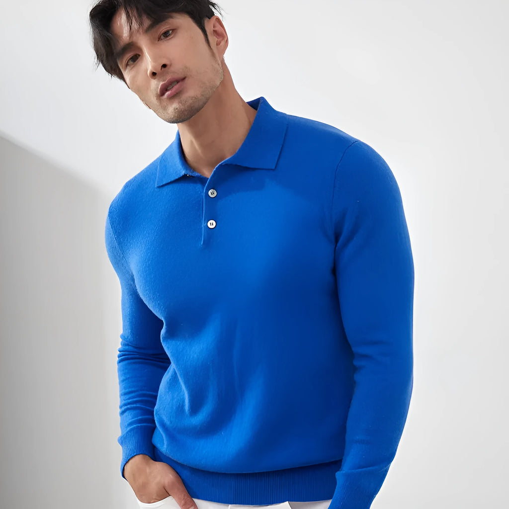 Men's pure cashmere polo collar pullover sweater in loose fit available in multiple colours