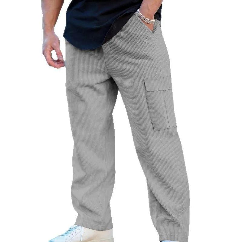 Men's corduroy cargo trousers with drawstring waist in wide-leg straight-leg design