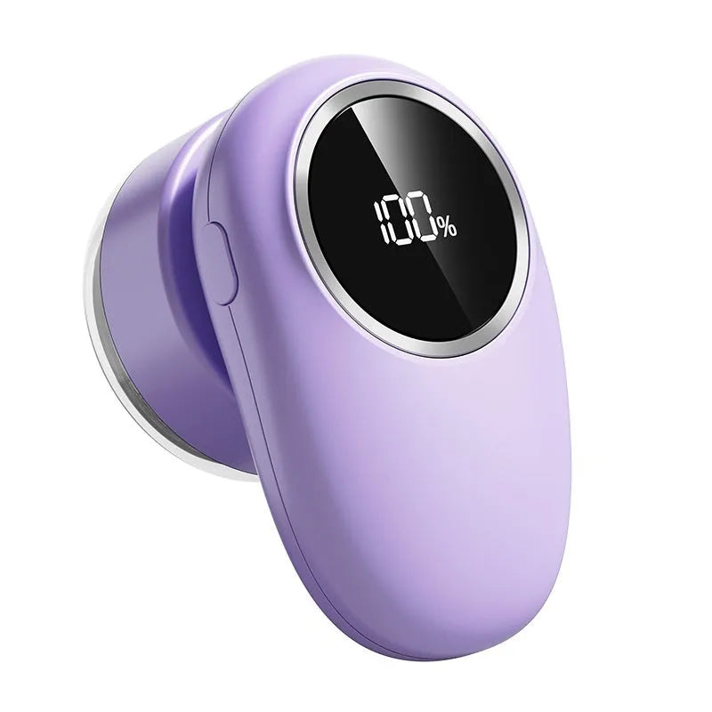 Beige and purple digital display fur ball trimmer with multiple cutter heads and USB-C cable