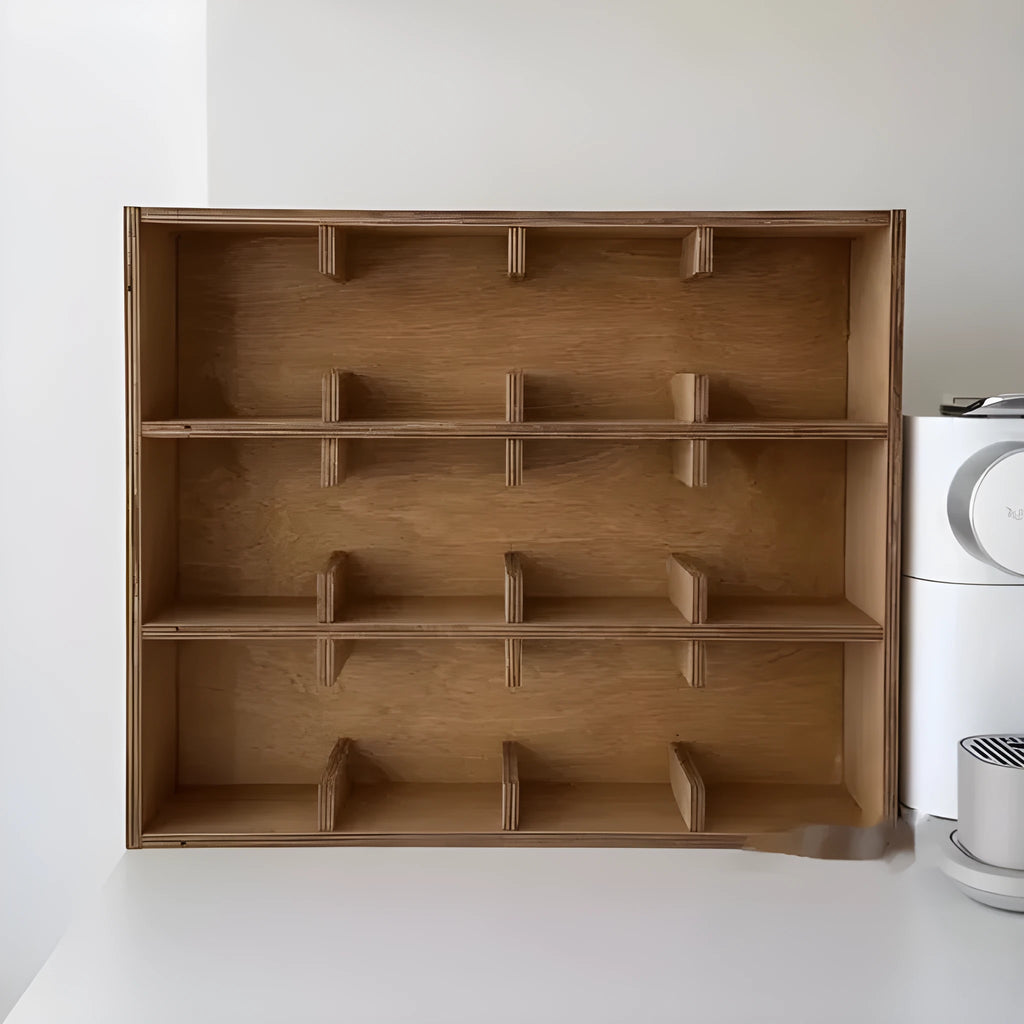 Solid wood multi-layer grid storage rack for cups and glasses in birch meridian colour