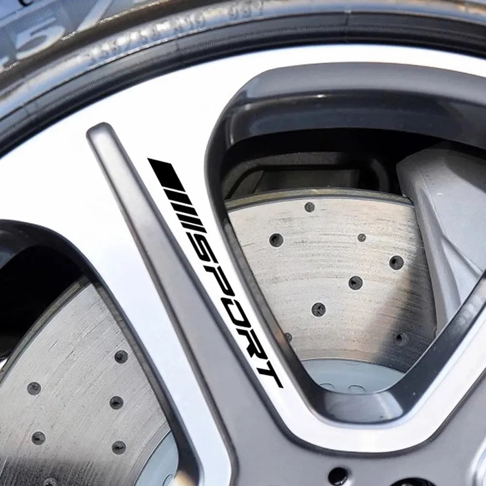 Sports hollow pattern car rim stickers in black, red, or white colours measuring 10 x 0.7 cm