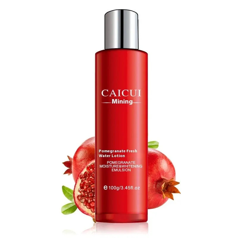 Pomegranate skincare set with four products: face wash, toner, lotion and facial cream in red packaging.