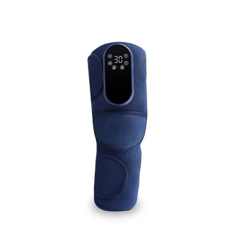 Blue self-heating knee massager showing airbag compression design around knee joint