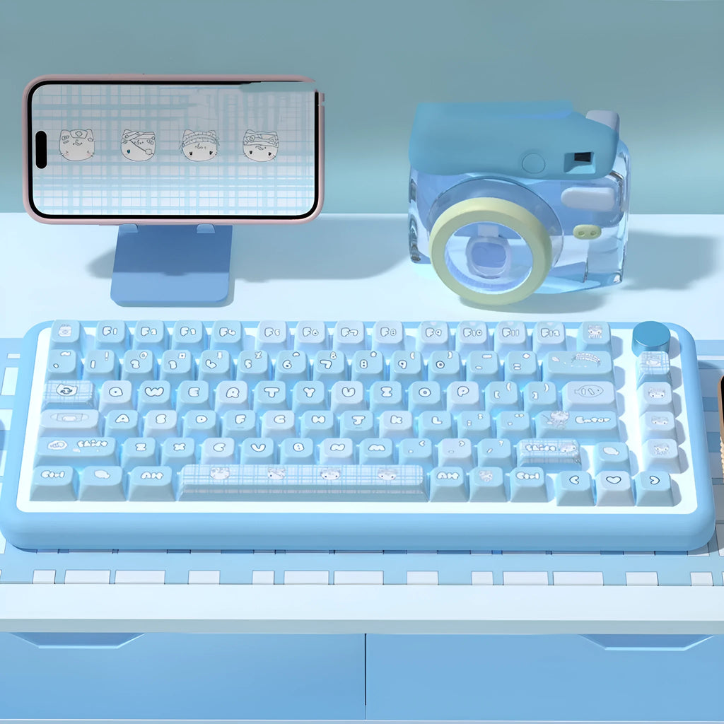 Custom watercolour cat design mechanical keyboard keycap set in PTB material, showing colourful artwork.