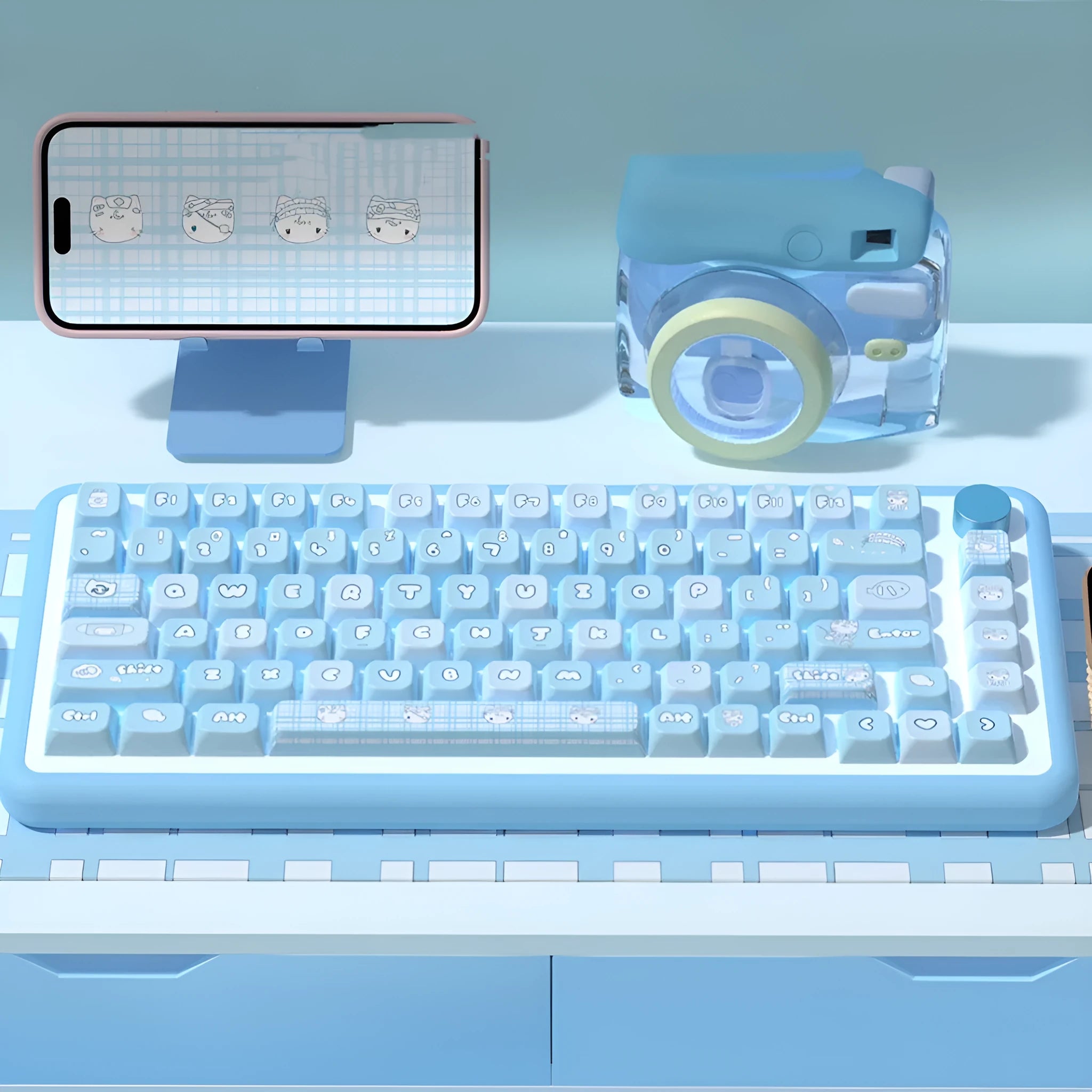 Custom watercolour cat design mechanical keyboard keycap set in PTB material, showing colourful artwork.
