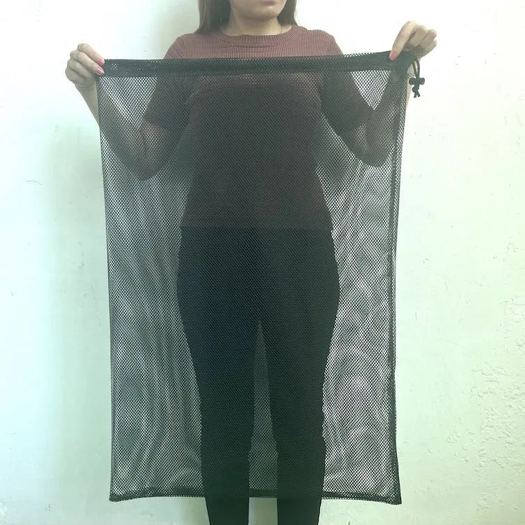 Black drawstring mesh storage bag for children's toys, shown in three sizes on a white background.
