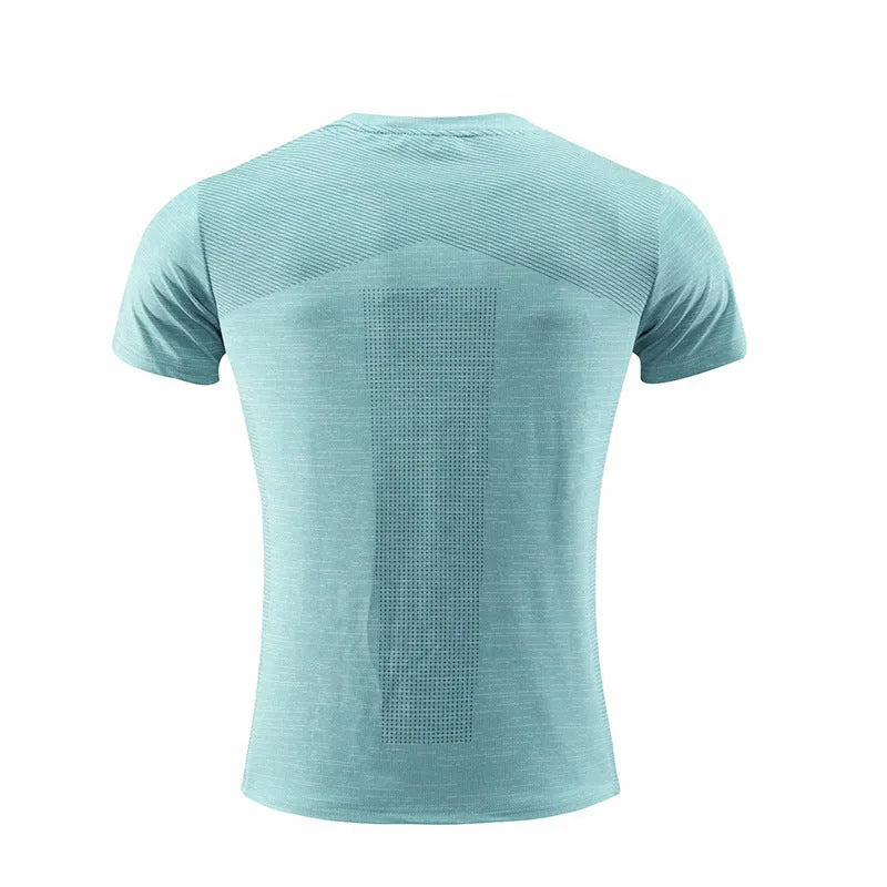 Short sleeve basketball and running t-shirt in polyester spandex fabric on a white background.