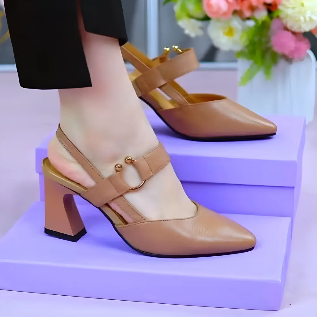 Women's closed toe backless leather sandals with chunky heel in apricot colour