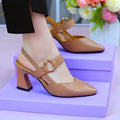 Women's closed toe backless leather sandals with chunky heel in apricot colour