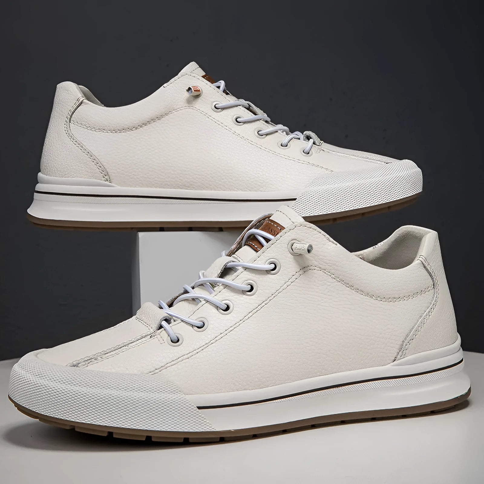 Men's white matte leather casual shoes with round toe and 6cm flat sole available in hollow-out and fleece-lined variants