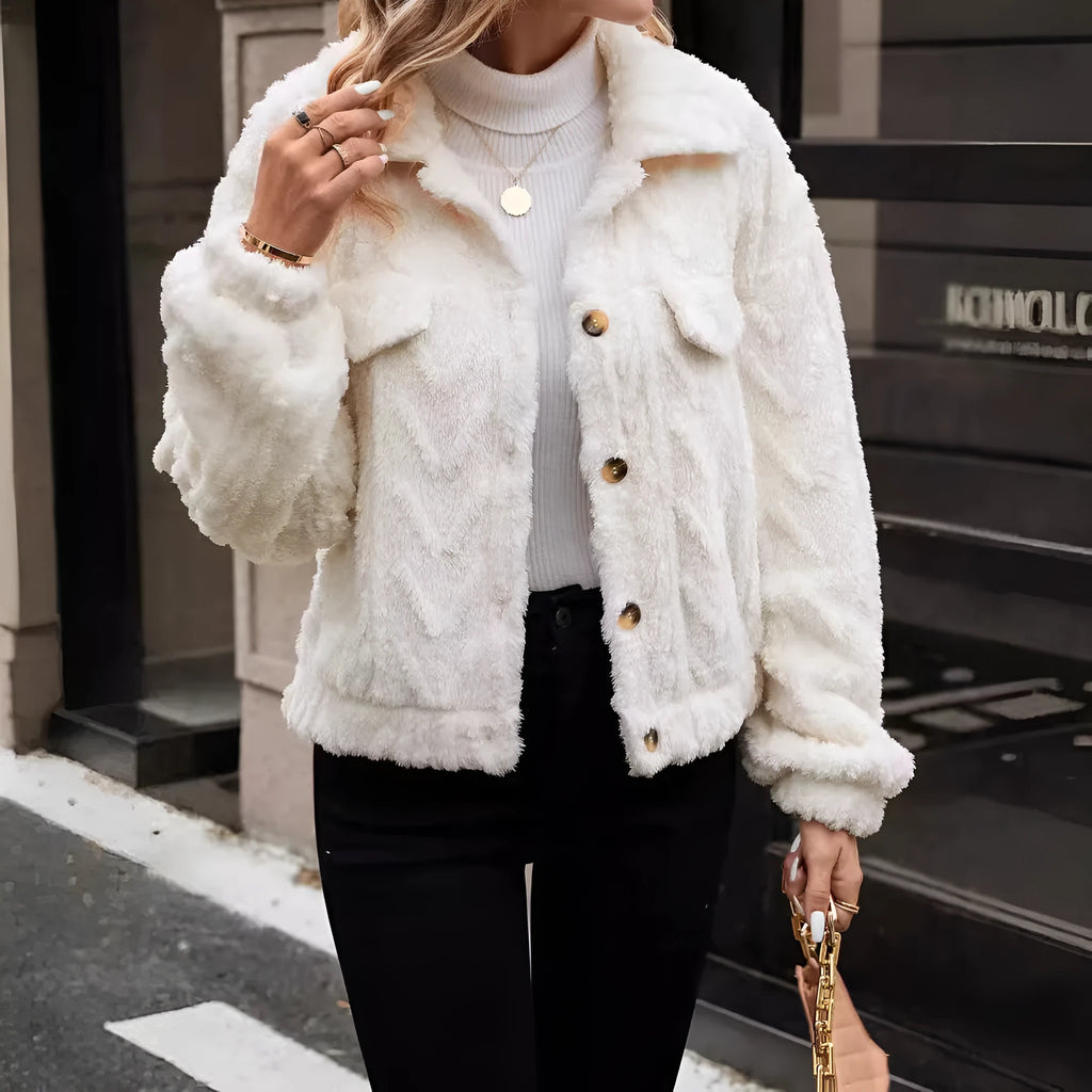 Women's ivory white double-sided plush button cardigan coat showing front closure and regular fit