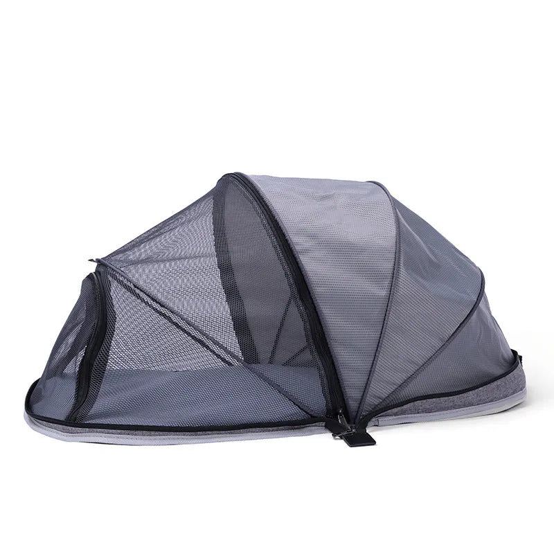 Folding portable cat tent with half-mesh sides in blue or black colour option.