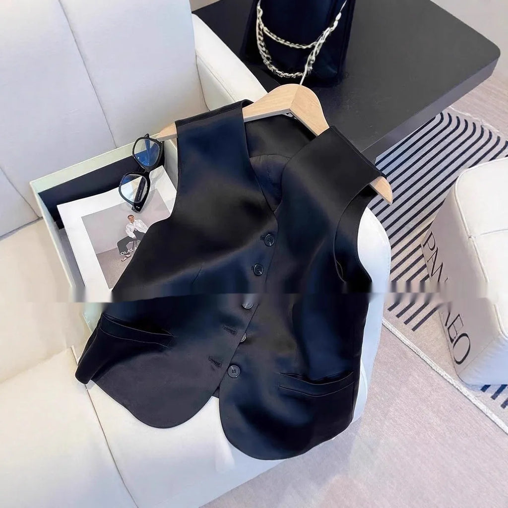 Black satin ladies' sleeveless vest with loose fit and splicing detail on hanger