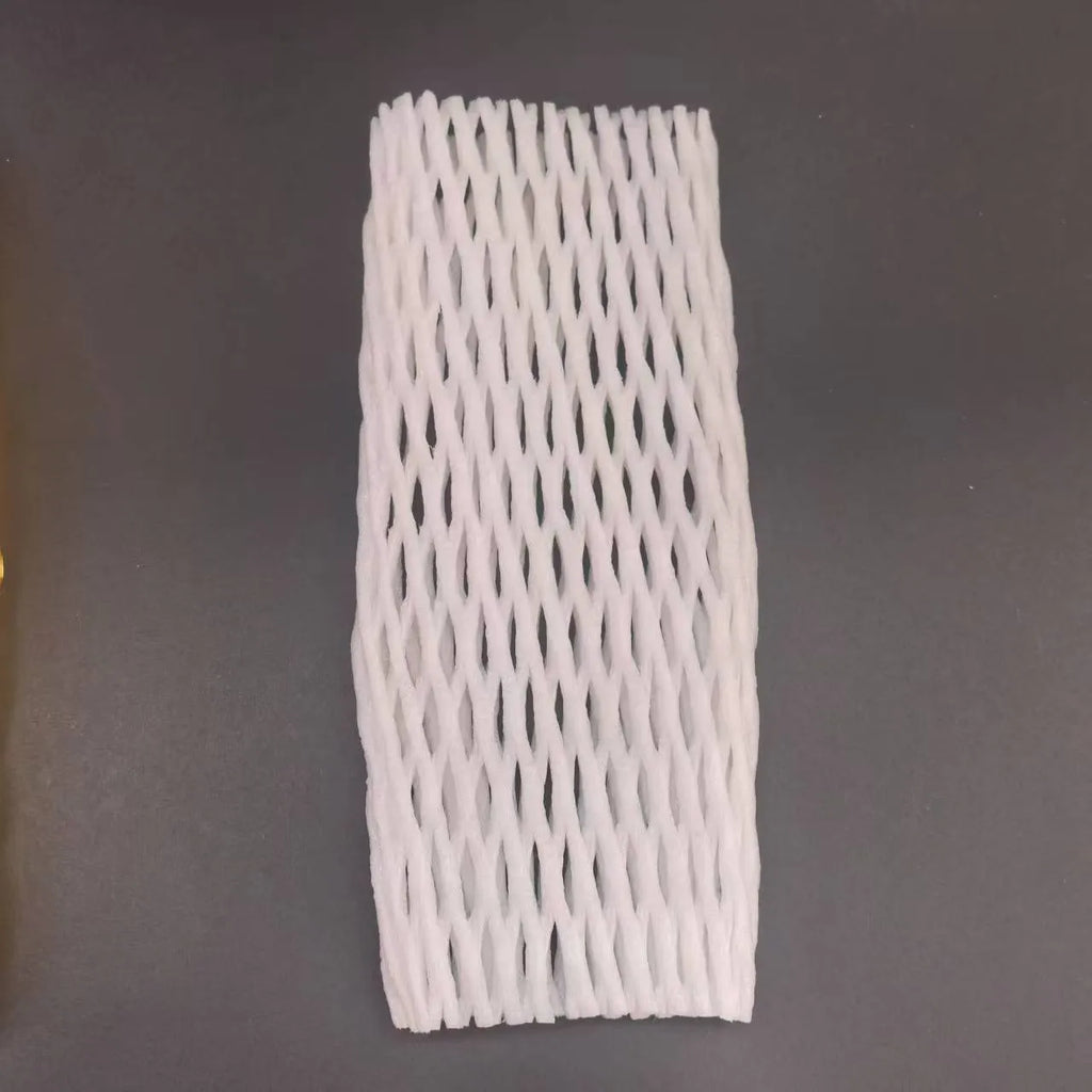 White foam fruit net cover shown with size options for shockproof fruit protection