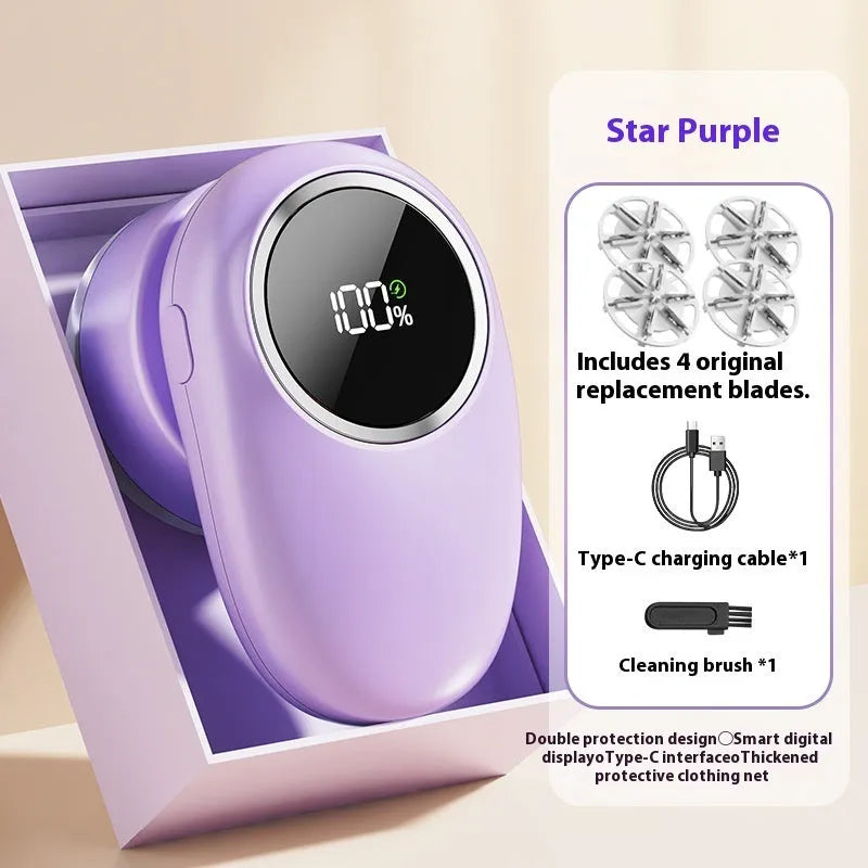 Beige and purple digital display fur ball trimmer with multiple cutter heads and USB-C cable