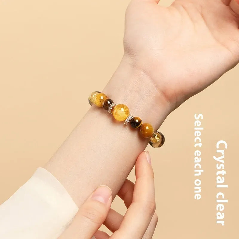 Yellow crystal tiger-eye bracelet with geometric tower beads in 10mm and 12mm size options