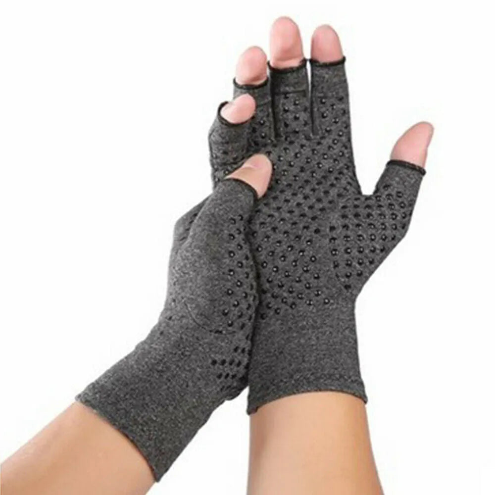 Grey half-finger compression gloves with anti-slip grip on palm surface