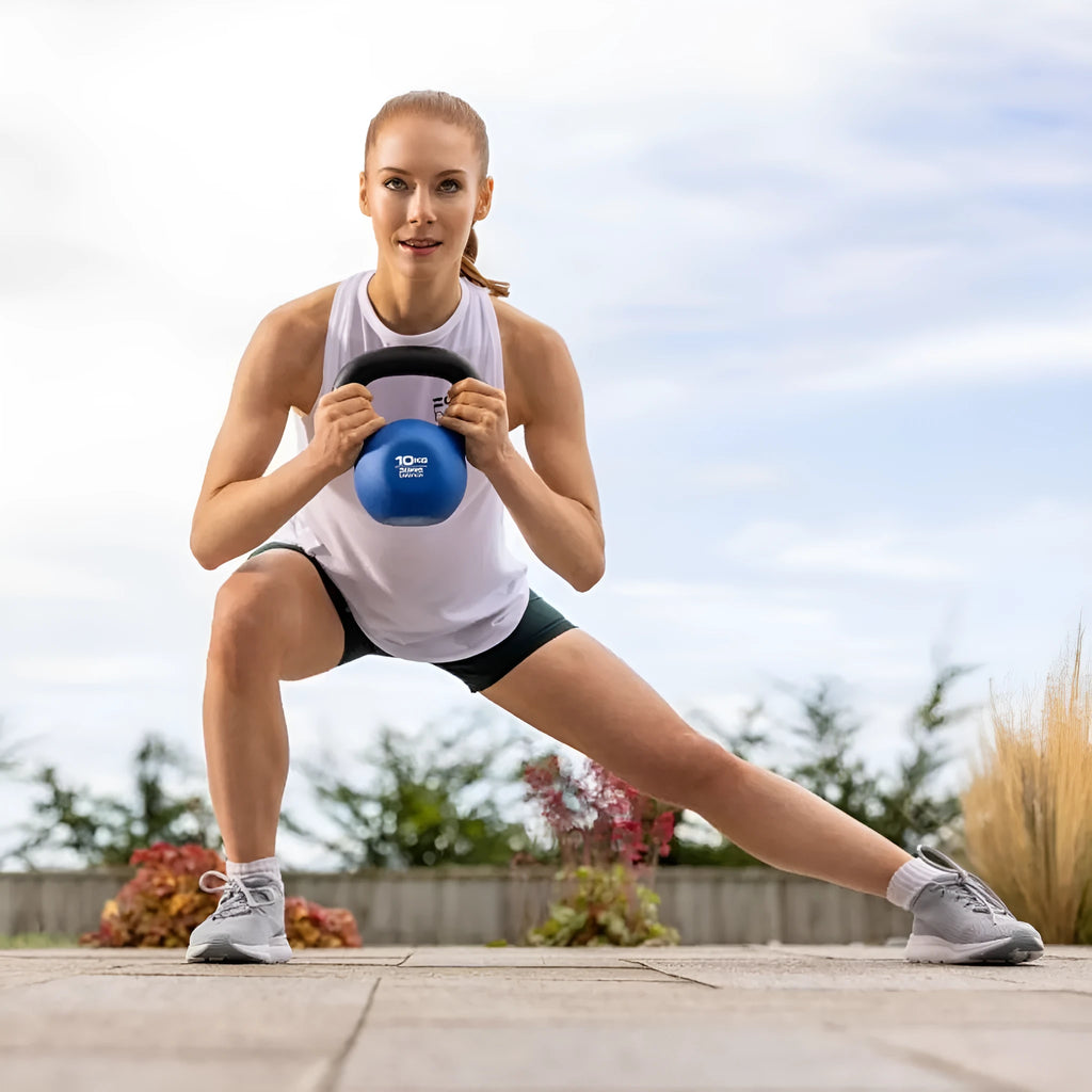 Blue cast iron teapot dumbbell with integrated handle and flat base, showing 10kg weight for home fitness.