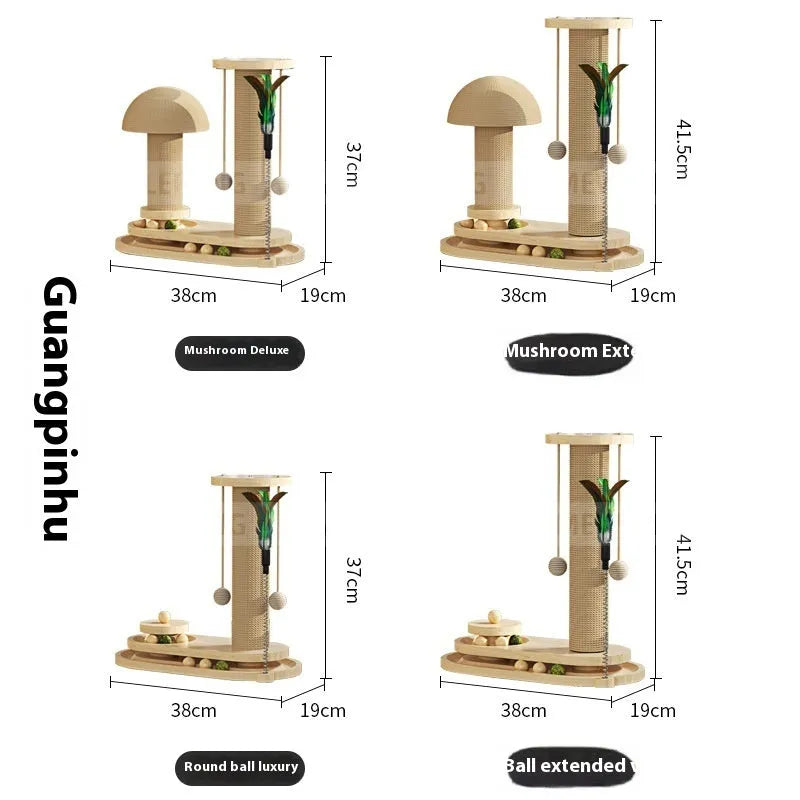Solid wood cat scratching post with turntable and climbing elements for indoor feline exercise
