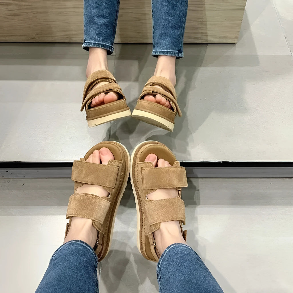 Maroon women's plus-size peep toe platform sandals with a Velcro strap and suede uppers.