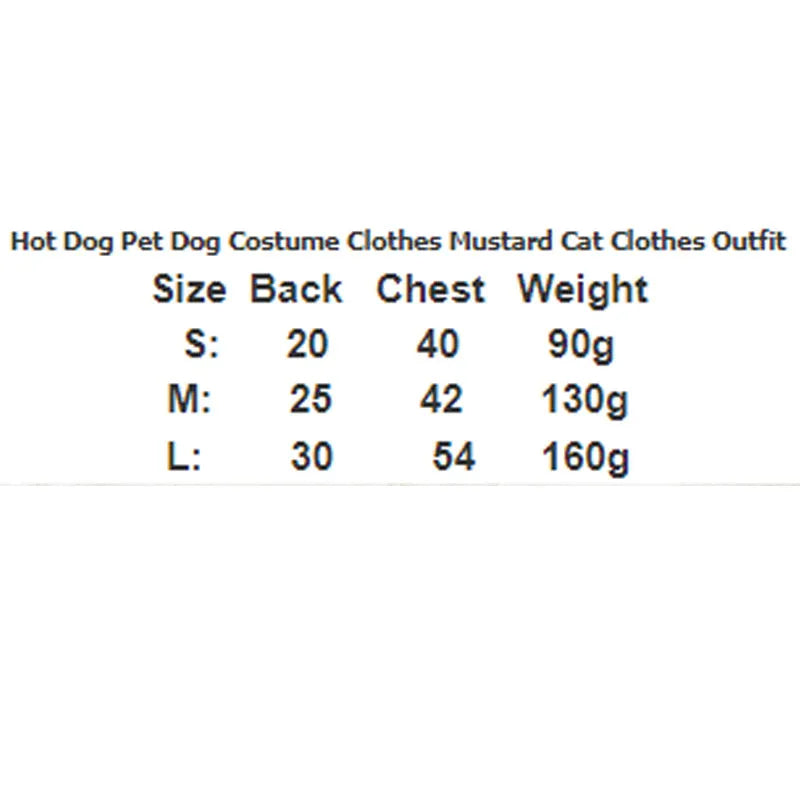 Small dog wearing a brown and yellow stuffed hot dog costume coat with S M L sizing options