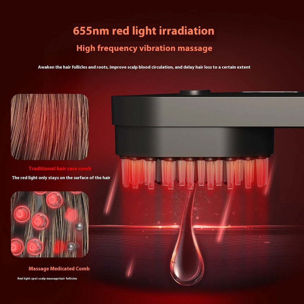 Smart massage comb with red light therapy function in pink and black colours