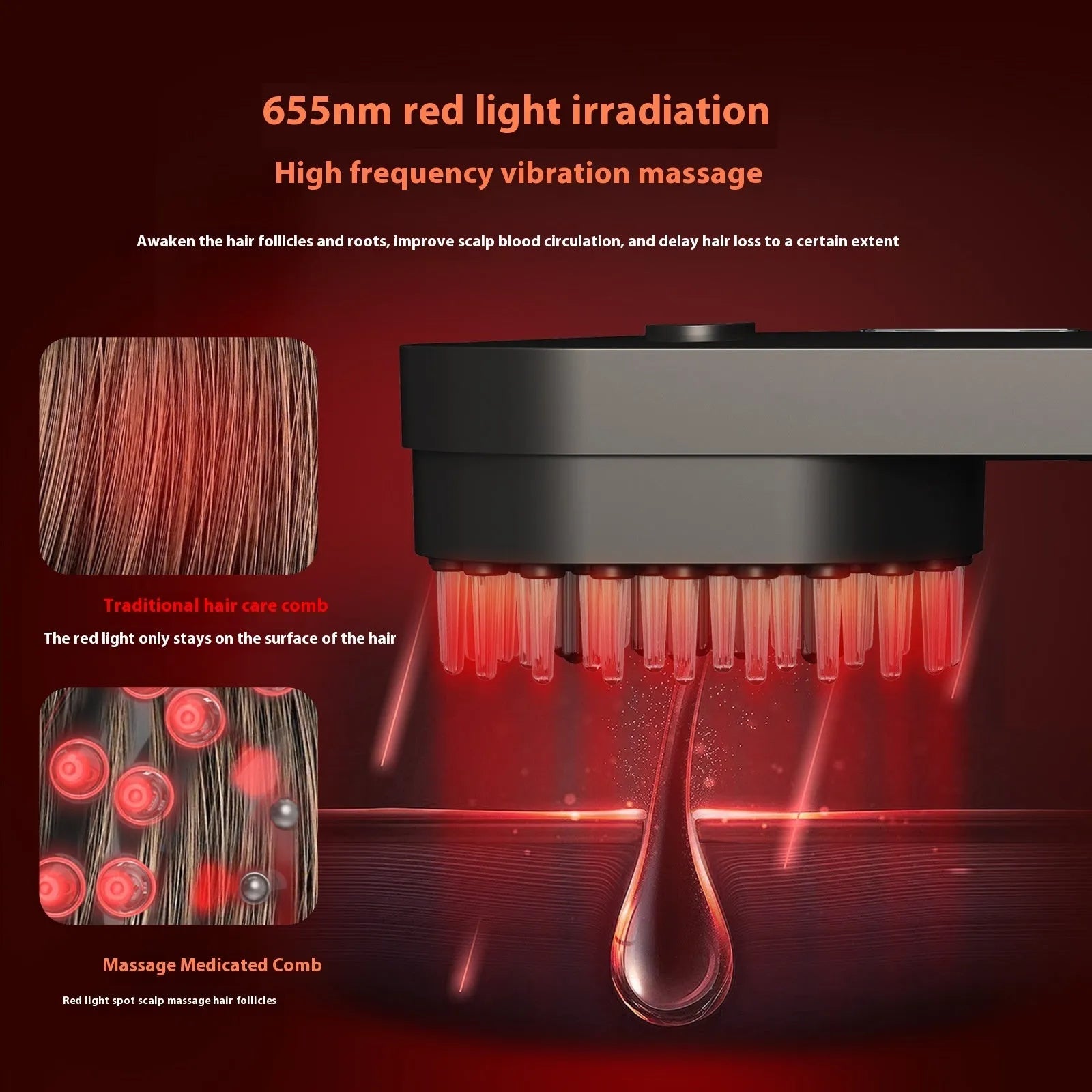Smart massage comb with red light therapy function in pink and black colours