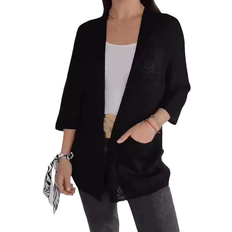 Women's waffle texture cardigan coat with nine-quarter sleeves in army green colour