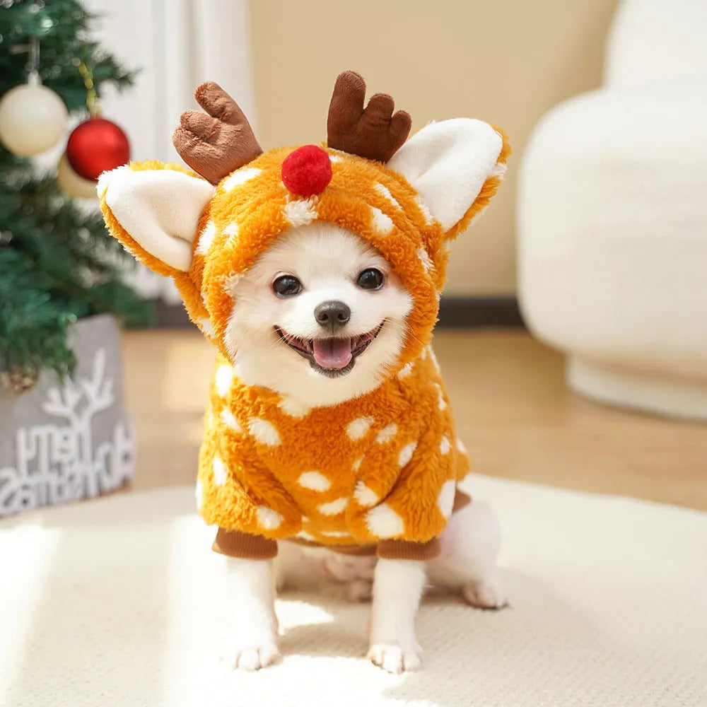 Elk fleece-lined pet costume for dogs and cats, two-leg Christmas design, sizes XS to XXL, polyester