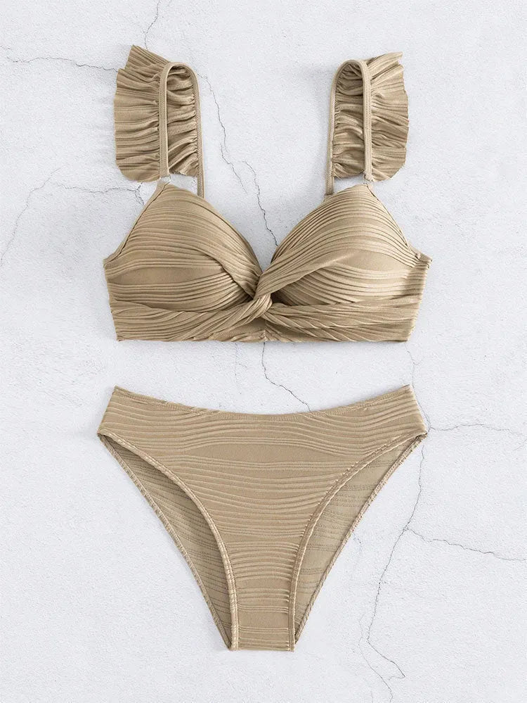 Women's solid colour bikini swimsuit in black or khaki, showing front view of two-piece design.