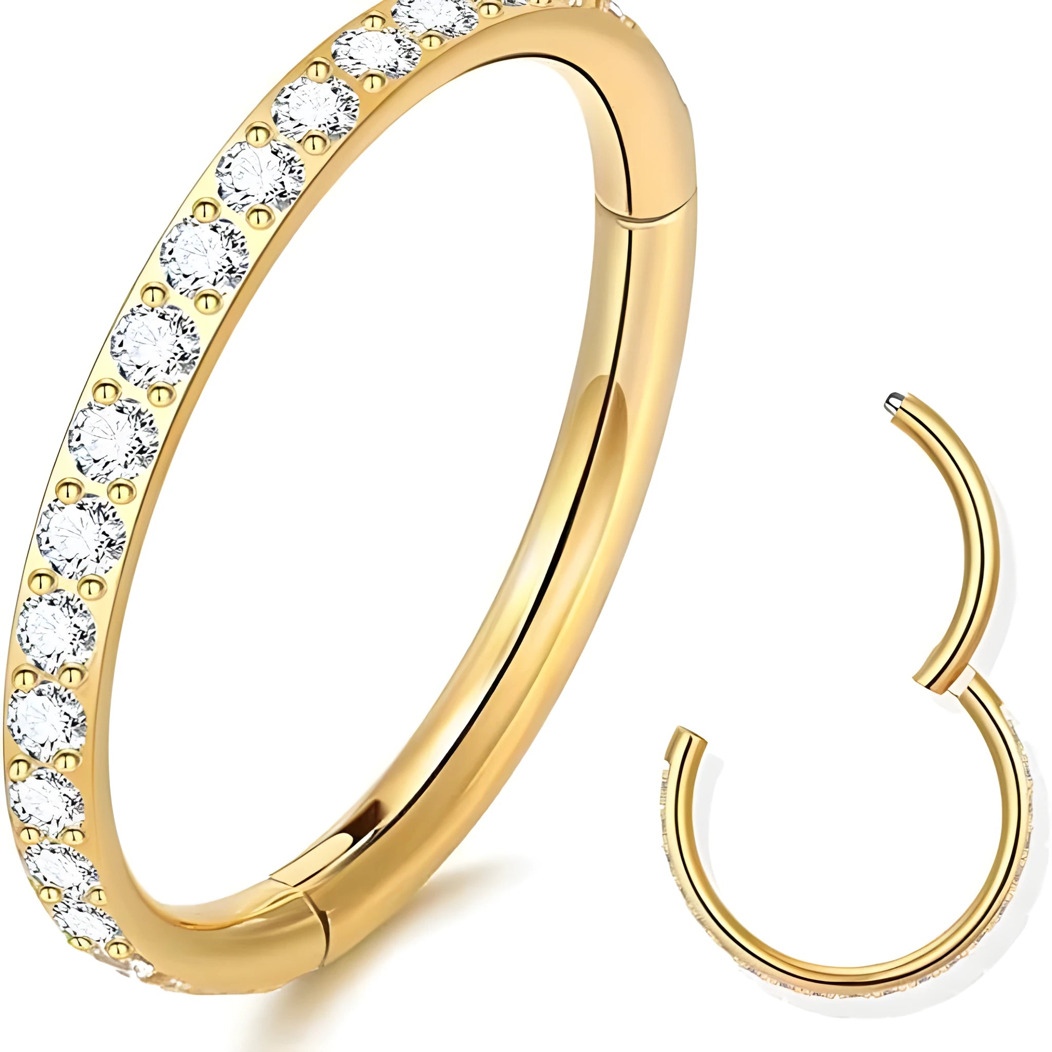 Stainless steel seamless nose ring in round shape showing colour options of black, gold, rose gold, and steel.