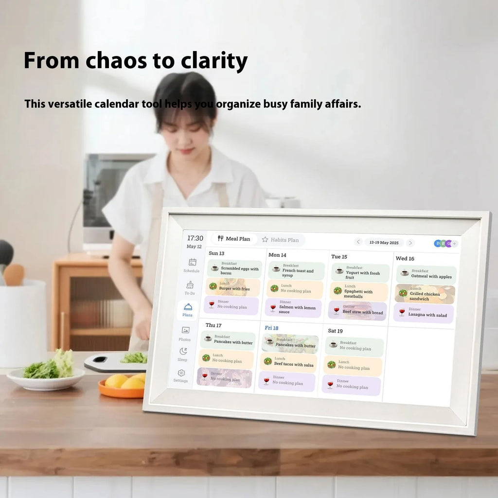 White 15.6 inch smart digital photo frame with app connectivity showing full HD display of family photos