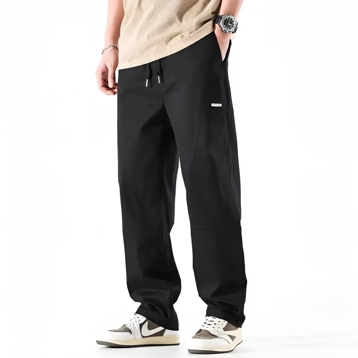 Casual wide-leg trousers in antibacterial cotton fabric, showing milky white and black colour options