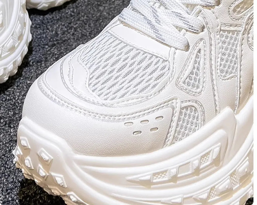 Women's white height increasing dad shoes with lace-up closure and round toe design