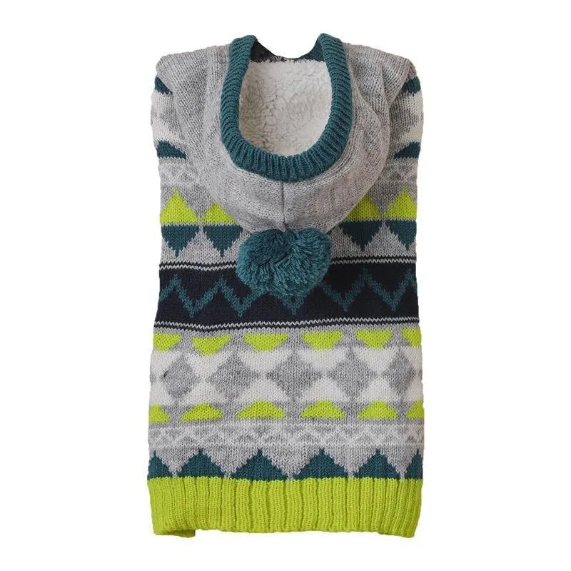 Blue diamond pattern acrylic dog sweater shown on small breed dog