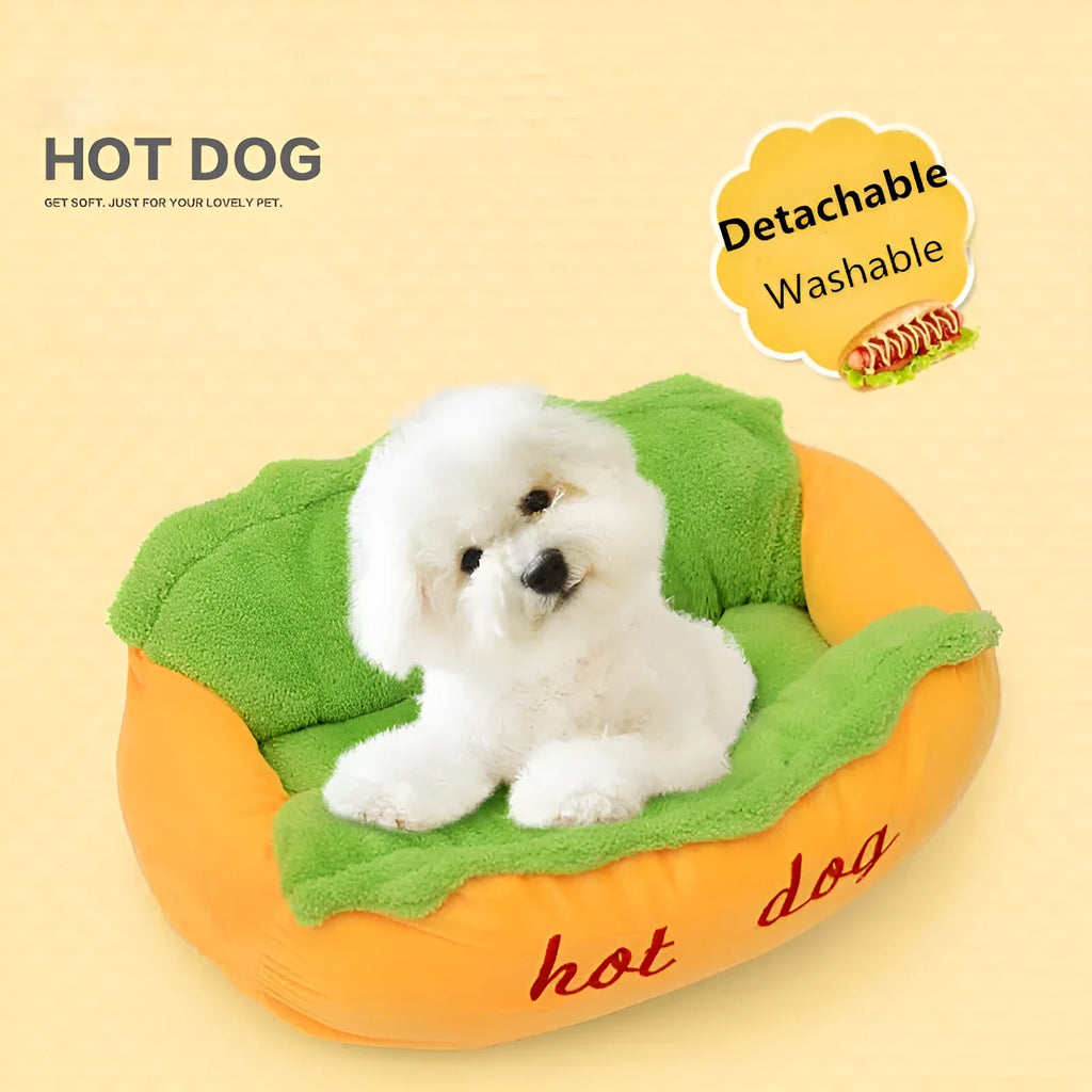 Soft flannelette hot dog bed for pets with removable cushion and anti-slip base in multiple sizes.